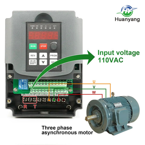 Diagram showing VFD Converter 110V Single Phase To 110V Three Phase Drive For Up To 3HP Motors, wiring and motor connection