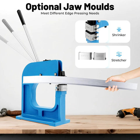 SS-16 Sheet Metal Shrinker Stretcher Manual Tool With 8 Inch Throat for ductwork and auto body bends showing optional jaw molds