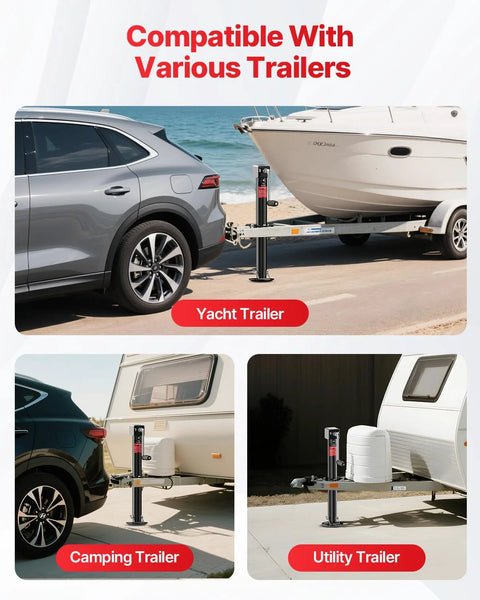 FZZD 5000-lb A-Frame Trailer Jack, black, mounted on trailer tongue; compatible with 20–24V cordless drills
