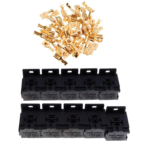 Boss Grade 5 Pin Relay Base Holder Kit With 50 Slick 6.3Mm Automotive Terminals Universal 12V 24V Plug And Play Socket Bracket, 10 black nylon blocks.