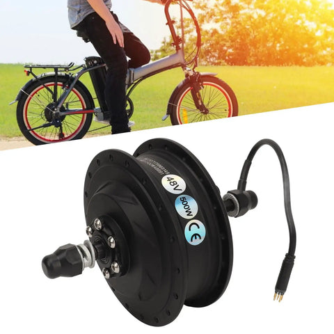 48V 500W Rear Drive Ebike Hub Motor With Brushless Design, shown with bicycle in background
