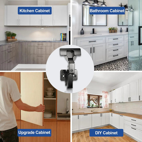 Inset Soft Close Cabinet Hinges for Frameless Kitchens, 4 Pack, showcased in kitchen, bathroom, upgrade, and DIY cabinets.