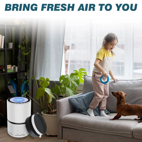 Three Pack Replacement Filter For LV H132 Air Purifier H13 Activated Carbon Filtration shown in a living room setting with a child and dog