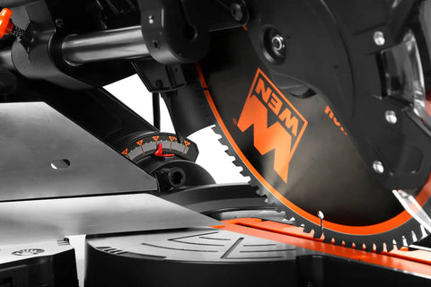 Pro Level 15 Amp 12 Inch Dual Bevel Sliding Compound Miter Saw with LED cutline and precision cutting blade close-up.