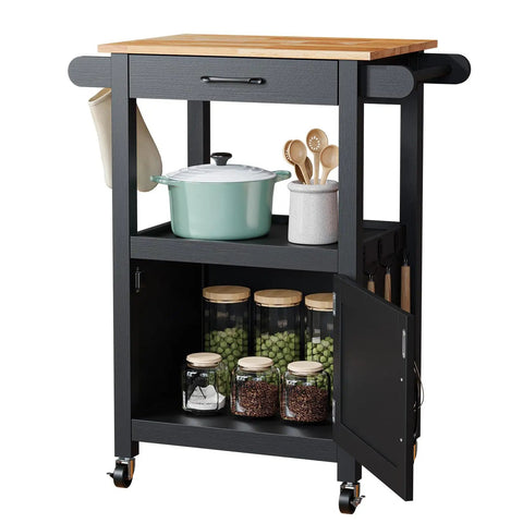 Slick Rolling Kitchen Cart With Microwave Stand And Storage Cabinet And Drawer, Compact Coffee Cart With Side Hooks And Towel Rod, Smooth Lockable Swivel Wheels, Built Tough, Black Finish, features a wooden top, storage jars, and a pot.