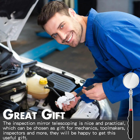 Mechanic using Telescoping Inspection Mirror With Long Handle Extendable Mirror On A Stick For Techs And Pros Black 50mm Round Automotive Tool For Contractors Checking And Observation under car hood.