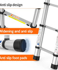Telescoping Ladder 12.5 Ft Extension Ladder Built Tough, Heavy Duty 330 Lbs Capacity, Rust Resistant Stainless Steel, Adjustable Height Up To 12.5 Feet, Compact Storage, Easy Setup For Home Repairs, Painting, Outdoor Projects. Anti-slip foot pads and widening joints shown.