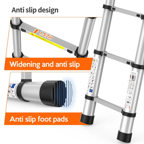 Telescoping Ladder 12.5 Ft Extension Ladder Built Tough, Heavy Duty 330 Lbs Capacity, Rust Resistant Stainless Steel, Adjustable Height Up To 12.5 Feet, Compact Storage, Easy Setup For Home Repairs, Painting, Outdoor Projects. Anti-slip foot pads and widening joints shown.