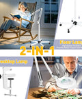 2 In 1 Lighted Magnifier With Stand And 5 Wheel Rolling Base, 2200 Lumens Dimmable Magnifying Floor Lamp For Estheticians shown in use for reading and crafting.
