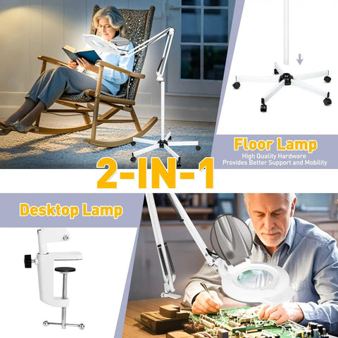 2 In 1 Lighted Magnifier With Stand And 5 Wheel Rolling Base, 2200 Lumens Dimmable Magnifying Floor Lamp For Estheticians shown in use for reading and crafting.