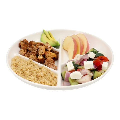 Porcelain Portion Control Plate Set Of 2 9 Point 3 Inch with 5 compartments filled with chicken, quinoa, veggies, and fruit for mindful eating.