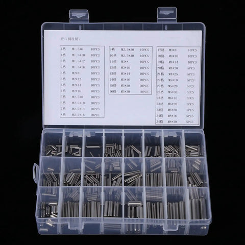 Heavy Duty Stainless Steel Spring Pins 280 Pack Set Sure Grip Tension Fasteners Rust Proof in organizer box with sizes M1.5 to M8.