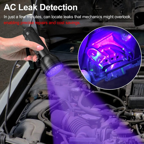 Front view: Vansky 68-LED AC leak detector UV flashlight, handheld black automotive tool with purple glow.