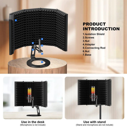 Foldable Microphone Isolation Shield With Triple Sound Insulation For Clear Vocals, Reflection Filter, desktop setup view
