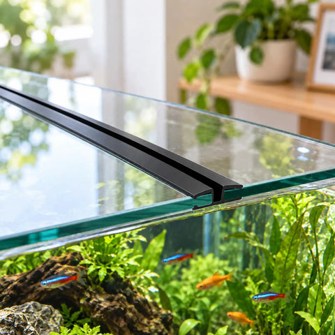Value Pack Premium Clear PVC Living Hinges 48 Inch Flex Strips on aquarium glass, ensuring screwless secure fit for DIY projects.