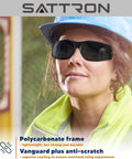 Person wearing Sattron safety sunglasses with dark smoke polycarbonate lenses for UV protection, scratch, and impact resistance.