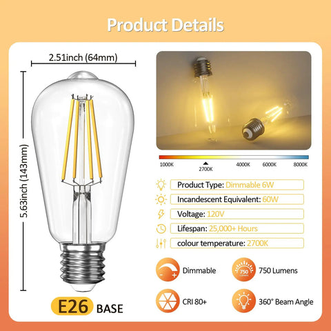 Cozy Dimmable E26 LED Edison Bulbs 60W Equivalent, product details with dimensions and features like 2700K warm glow