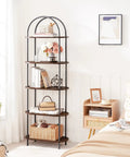 Five Tier Industrial Arched Bookshelf With Hella Sturdy Wooden And Metal Frame Rustic Brown open display rack in modern living room.