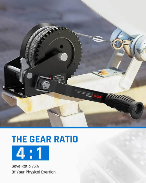 Heavy Duty Boat Trailer Winch 1200 Lbs With 26 Ft Steel Rope Two Way Ratchet 4 To 1 Gear Marine Grade Hand Winch for safe pulling.