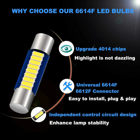 Six Pack Festoon LED Bulbs Kit 6614F 6612F with 9 SMD 4014 Chips features and benefits highlighted against dark background.