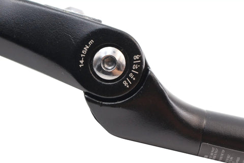 Close-up of Alloy Adjustable Quill Stem With 340mm Extension Tube, showing 0 to 90 Degree Tilt setting and bolt detail.