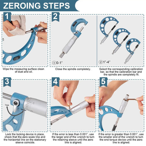 Zeroing steps for Four Piece Outside Micrometer Set For Machinists Ultra High Precision 0.0001 Inch Graduation Measures 0 To 4 Inches Carbide Faces