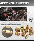 Extensive Brake Line Fittings Kit With 100 Pieces showing copper tubing and diverse nut and connector options for easy repairs.