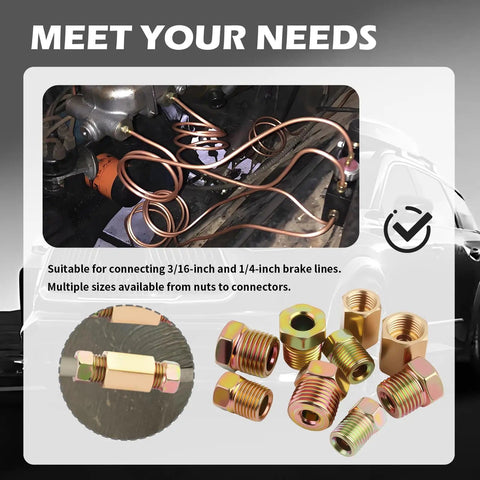 Extensive Brake Line Fittings Kit With 100 Pieces showing copper tubing and diverse nut and connector options for easy repairs.