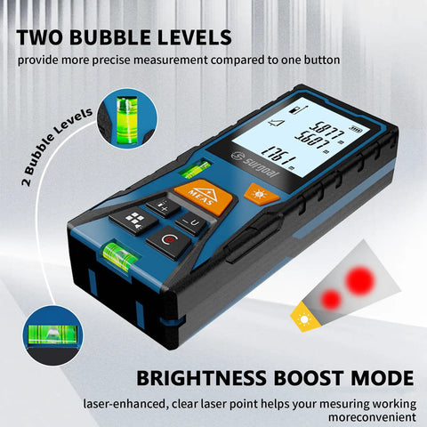 Solid Build Laser Distance Measurer With Glowing Backlit LCD And Precision Bubble Levels Fast Half Second Snap Readings Up To One Ninety Six Feet Sweet DIY Tool For Contractors And Homeowners