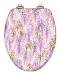 Top view of Elongated Wisteria Lilac Pretty Bright Floral Botanical Toilet Seat with floral design in soft pastel colors.