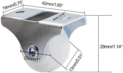 1-inch rigid caster wheel with metal top plate and white hard-plastic wheel; silver metal housing.