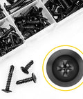Top Shelf Black Truss Head Self Tapping Screw Kit With Assorted Lengths Half Inch To Two Inches Built Like A Tank From 410 Stainless Steel showing a selection of screws.