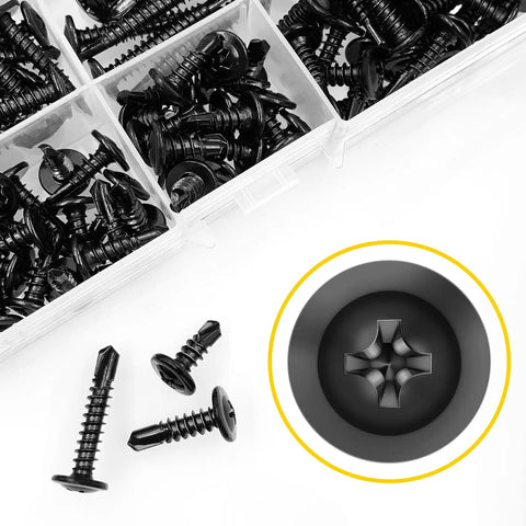 Top Shelf Black Truss Head Self Tapping Screw Kit With Assorted Lengths Half Inch To Two Inches Built Like A Tank From 410 Stainless Steel showing a selection of screws.