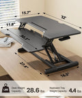 32 Inch Standing Desk Converter With Sit Stand Elevation Height Adjustable Riser on desk showing dimensions and X lift frame