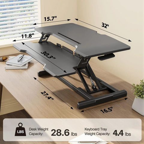 32 Inch Standing Desk Converter With Sit Stand Elevation Height Adjustable Riser on desk showing dimensions and X lift frame