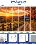 No Sweat Peel And Stick Wall Murals Featuring Rustic Barn Sunset Autumn Print Self Adhesive Vinyl Removable Stickers For Boys Girls Bedrooms Easy Room Refresh Makeover product size layout with panels and instructions.