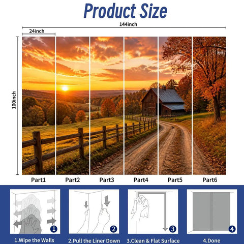 No Sweat Peel And Stick Wall Murals Featuring Rustic Barn Sunset Autumn Print Self Adhesive Vinyl Removable Stickers For Boys Girls Bedrooms Easy Room Refresh Makeover product size layout with panels and instructions.