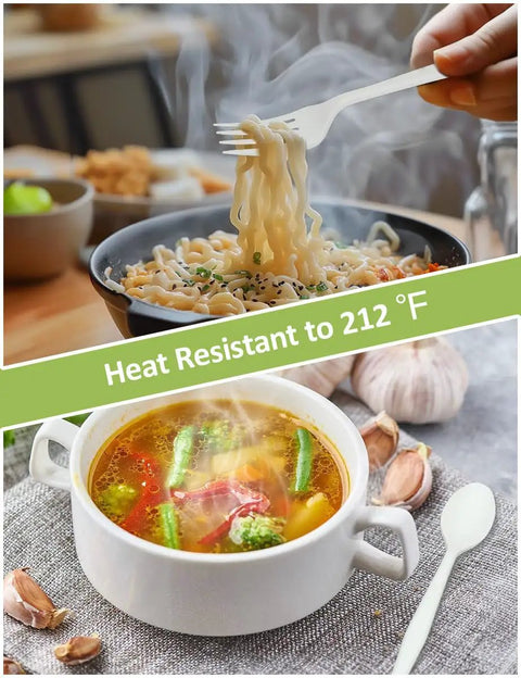 Heat-resistant 100% Compostable Heavy Duty Flatware Set, 200 Count No Plastic Spoons And Utensils for hot meals.