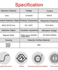 Specifications for M18 Inductive Proximity Sensor Switch With 8mm Sensing Distance, 12 To 24V DC, 3 Wire PNP Normally Closed