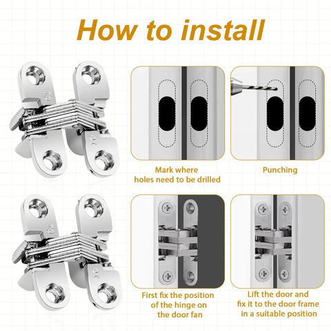 Installation guide for 4 Pack Stainless Steel Invisible Hinges For Doors And Cabinets With 180 Degree Hidden Cross And Swing Hinges