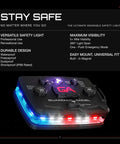 Elite Hands Free Safety Light With Infrared Hybrid Beams Front Red Blue White And Rear Red Blue Rechargeable Magnetic Wearable Flashlight for law enforcement and first responders, shown with illuminated control panel and colored LED lights.