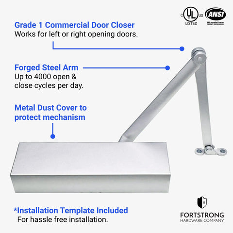 Ultra Heavy Duty Hydraulic Door Closer For High Traffic Areas, Grade 1 Commercial Automatic Door Closing Mechanism, UL Listed