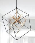 Geometric Cube Chandelier Pendant Light Six-Light Black And Gold Dope Modern Fixture in interior setting, showing nested cubes.