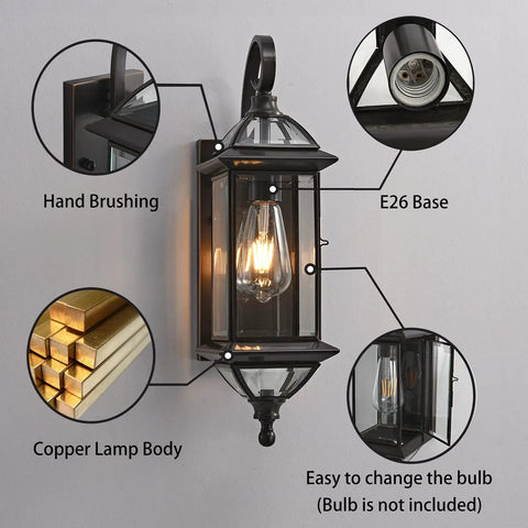 Copper Outdoor Wall Light 18.5 Inch High With E26 Socket Oil Rubbed Bronze Lantern Clear Glass Exterior Sconce With Labels