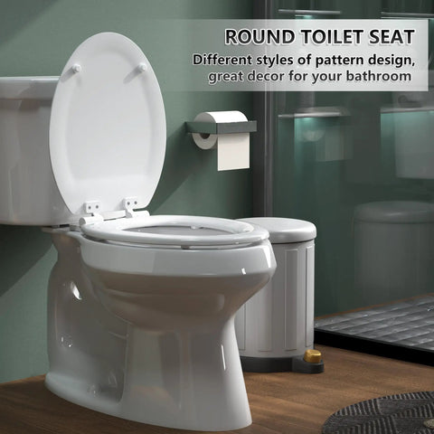 Top Shelf Molded Wood Toilet Seat Slow Close Lid High Gloss White Elongated Shape Quick Detach Hinges Zero Pinch Fingers Smooth Glide Routine Bathroom Refresh on a round toilet.