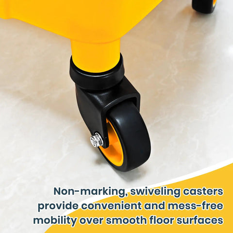 Close-up of caster wheel on 35 Quart Side Press Wringer Mop Bucket Set On Wheels With Industrial Mop For A Workhorse Heavy Duty Floor Cleaning Solution In Home Office Garage And Commercial Janitorial Use Rectangular