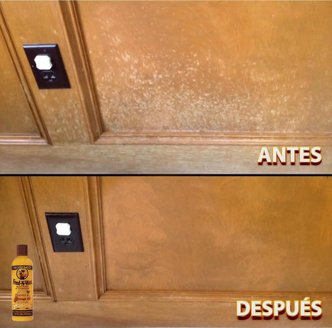 Before and after images of wood treated with Wood Polish And Conditioner In An 8 Oz Bottle That Nourishes, Protects, And Brings Out Natural Grain And Warm Richness, Easy To Wipe On With Soft Cloth Or Pad For Consistent Coverage, Keeps Your Wood Looking Fresh And Protected.