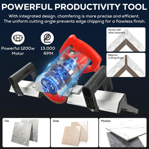Heavy Duty 43 Degree Electric Tile Edge Cutter With Auto Water Spray For Flawless Ceramic And Porcelain Chamfers showing powerful 1200w motor.