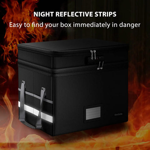 Boss Level Fireproof Multi Layer File Box With Lock Collapsible Portable Office Filing Organizer, black with reflective strips