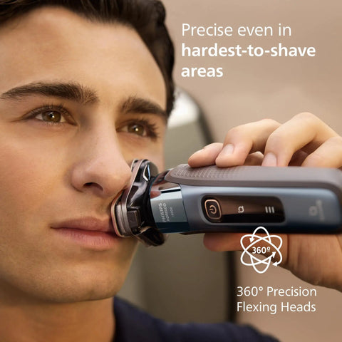 Wet And Dry Electric Shaver With SenseIQ Tech, Lift And Cut System, 360 Rotating Dual Blades, Beard Styler, Close Shave For Neck And Under Nose, Waterproof And Washable, All Day Battery, A Total Grooming Game-Changer, Model X9001-91 used on upper lip and cheek